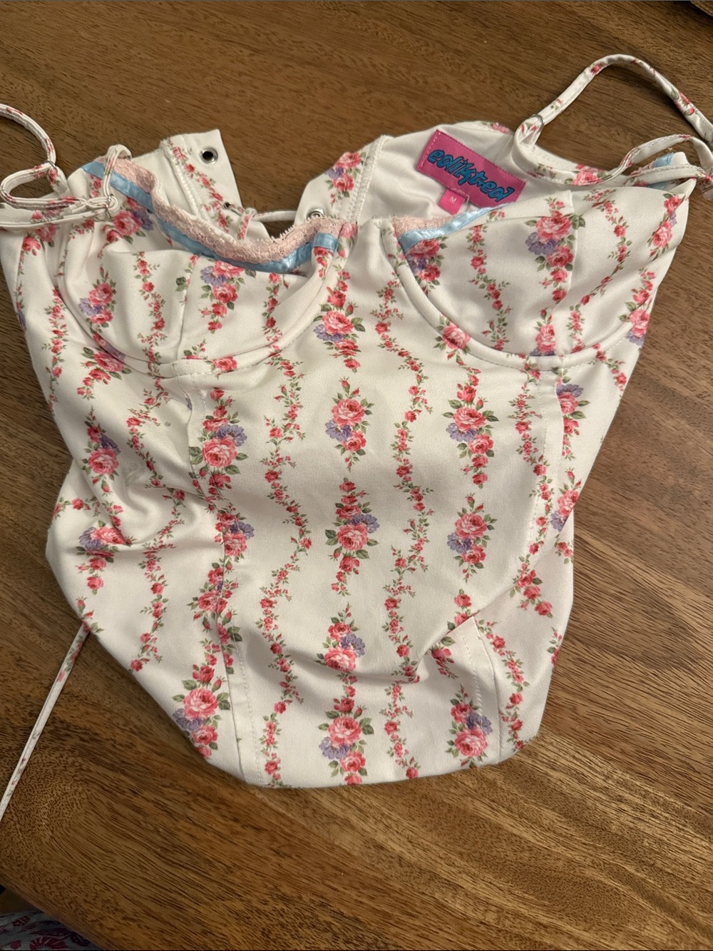 Edikted White Floral Bustier Top with Pink Roses
